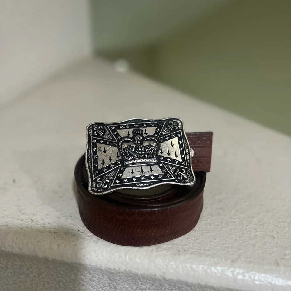 VNTG Genuine Brown Leather Belt Silver Buckle‎ Fit For a King Crown western